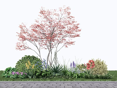 Garden Shrubs with Colorful Flowers Green Foliage Stone Path and Grass Landscape 3d model