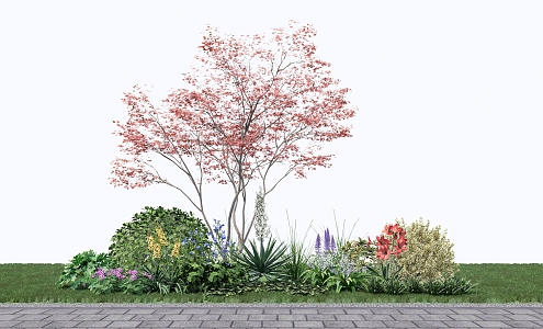 modern shrub plant combination tree shrub combination red maple flower and grass combination 3d model