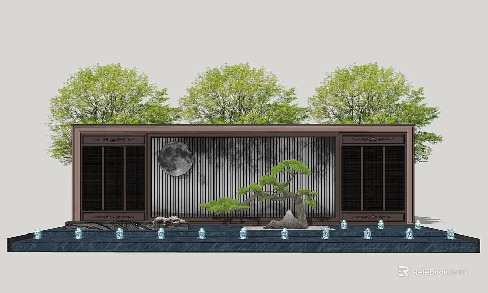 Scenic Wall With Trees Moon Pattern Grille Design Pine Decoration Water Features And Blue Lights 3d model 