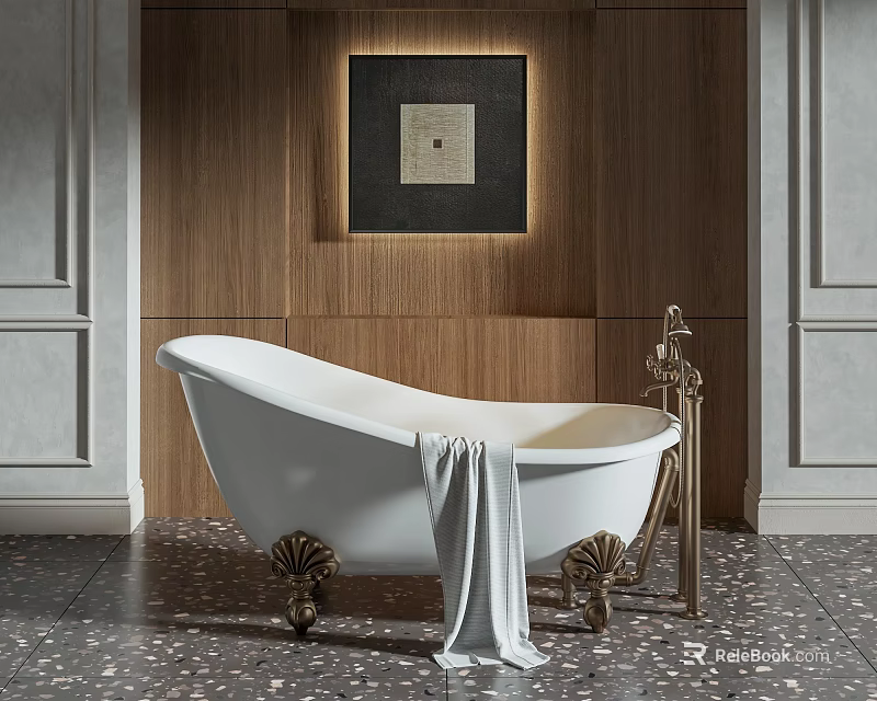 Stylish Bathroom Curtain Design With Wooden Wall And White Bathtub Decor 3d model 