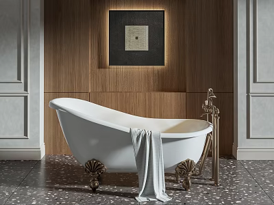 Stylish Bathroom Curtain Design With Wooden Wall And White Bathtub Decor 3d model