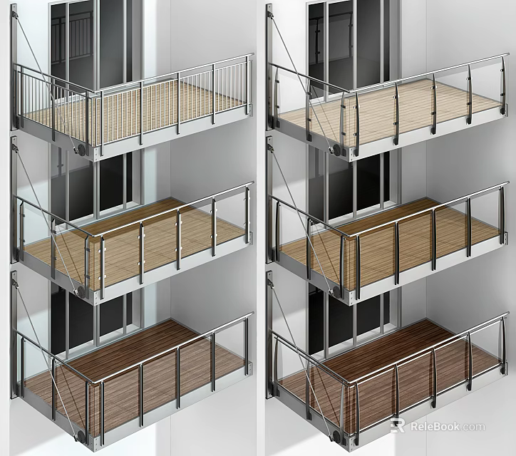 Multi Level Building Balcony With Metal Railing And Wooden Floor Design 3d model 