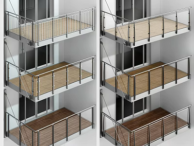 Multi Level Building Balcony With Metal Railing And Wooden Floor Design 3d model