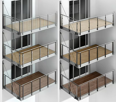 Multi Level Building Balcony With Metal Railing And Wooden Floor Design 3d model