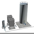 Industrial Equipment System With Tall Cylindrical Tank Rectangular Units Base Platform And Connecting Pipes