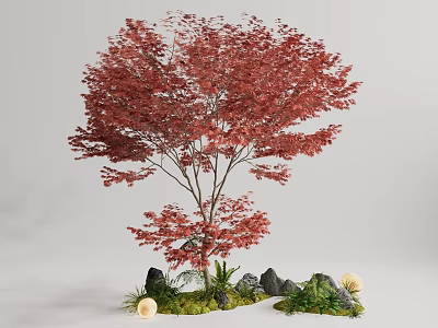 Charming Garden Miniature Scene With Red Maple Tree Rocks Green Foliage And Mushrooms 3d model