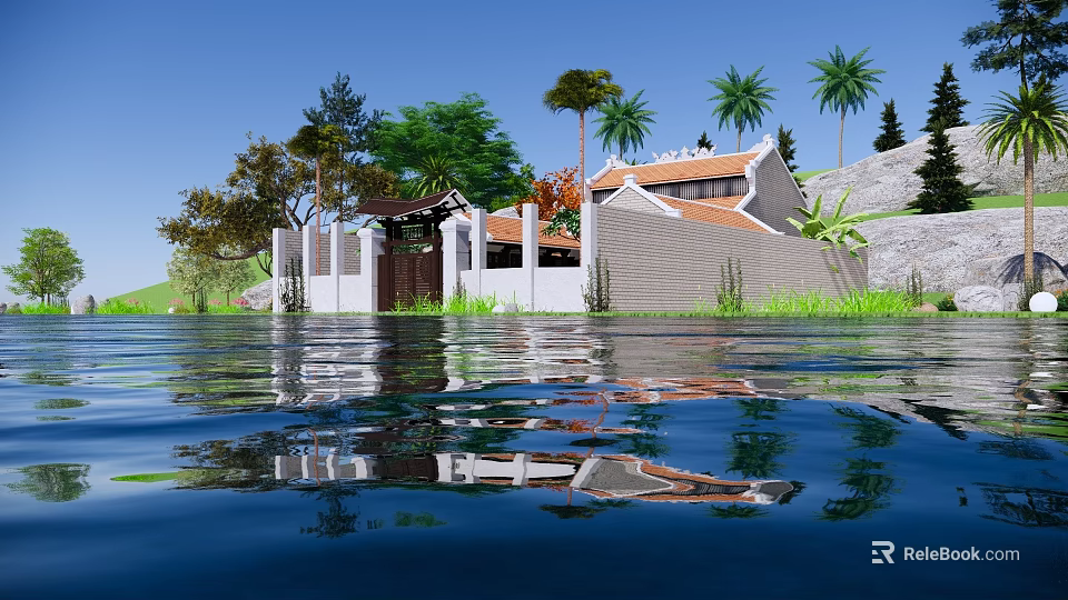 Detached Villa With Orange Roof And Reflection By Water With Palm Trees And Hills 3d model 