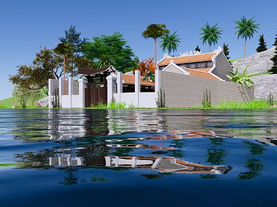 Detached Villa With Orange Roof And Reflection By Water With Palm Trees And Hills 3d model