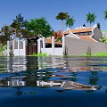 Detached Villa With Orange Roof And Reflection By Water With Palm Trees And Hills