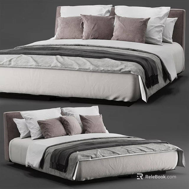 Double Bed Interior With Plush Pillows And Striped Textured Blanket 3d model
