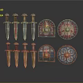 Medieval Weapons Collection With Multiple Swords And Decorative Shields Featuring Colorful Hilts