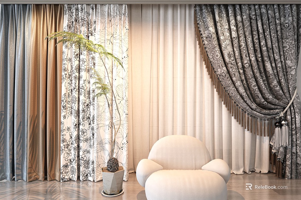 Elegant Curtain Designs In Interior Space With White Chair And Potted Plant 3d model 