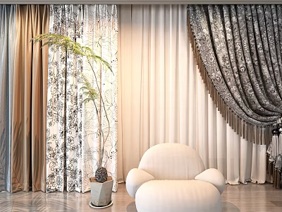 Elegant Curtain Designs In Interior Space With White Chair And Potted Plant 3d model