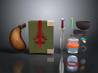 Fantasy Medieval Props Collection With Green Box Red Ribbon Dagger And Leather Pouch 3d model