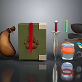 Fantasy Medieval Props Collection With Green Box Red Ribbon Dagger And Leather Pouch