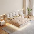 Modern Bedroom Interior With Padded Headboard Beige Bedding Nightstand Lamp And Green Plant