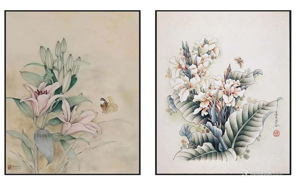 Two Elegant Plant Paintings Featuring Pink Lilies Butterfly White Flowers And Large Leaves 3d model 