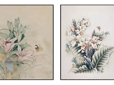 Two Elegant Plant Paintings Featuring Pink Lilies Butterfly White Flowers And Large Leaves 3d model
