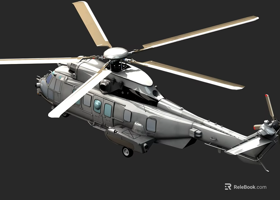 Detailed Silver Gray Helicopter With Rotors Fuselage Windows And Landing Gear 3d model 