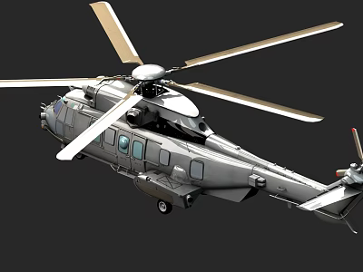 Detailed Silver Gray Helicopter With Rotors Fuselage Windows And Landing Gear 3d model