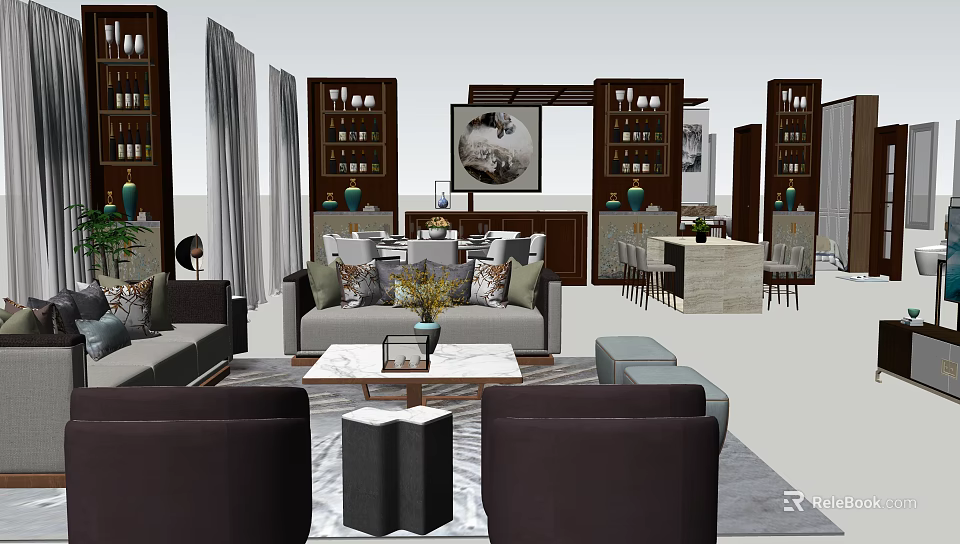 Modern Sofa Coffee Table Combination with Decorative Pillows Vase and Area Rug 3d model 
