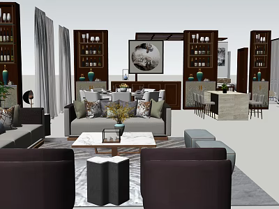 Modern Sofa Coffee Table Combination with Decorative Pillows Vase and Area Rug 3d model
