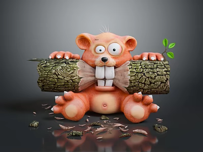 Cute Orange Bear Cub Holding a Bark Covered Log With White Bite Marks and Wood Shavings Around Green Leaf 3d model
