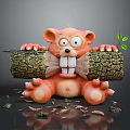 Cute Orange Bear Cub Holding a Bark Covered Log With White Bite Marks and Wood Shavings Around Green Leaf