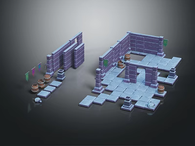 3D Model Ancient Courtyard With Purple Brick Walls Gray Stone Floors And Clay Pots 3d model