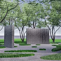 Modern Park Landscape Design With Circular Yellow Blue Patterns Trees And Curved Paths 3d model