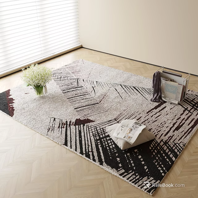 Square Area Rug With Abstract Black White Red Lines On Wooden Floor Vase Magazine Blinds 3d model 