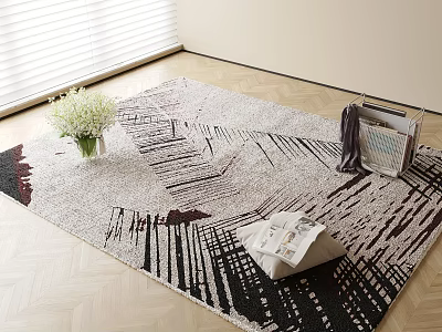 Square Area Rug With Abstract Black White Red Lines On Wooden Floor Vase Magazine Blinds 3d model