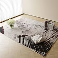 Square Area Rug With Abstract Black White Red Lines On Wooden Floor Vase Magazine Blinds