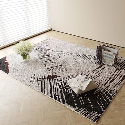 Square Area Rug With Abstract Black White Red Lines On Wooden Floor Vase Magazine Blinds 3d model