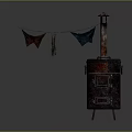 Rusty Vintage Stove With Chimney And Clothesline Hanging Colorful Garments