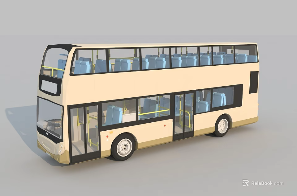 Beige And Black Double Decker Bus With Upper Lower Seats And Windows 3d model 