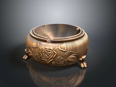 Ornate Brass Ashtray Featuring Intricate Carved Rose Patterns And Decorative Feet 3d model