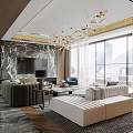 Elegant Living and Dining Room Interior With Chandelier Green Sofa Marble Floor and Floor-to-Ceiling Windows