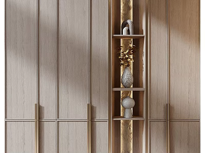 Modern Decorative Cabinet With Wooden Wall Panels Gold Accent And Display Vases 3d model