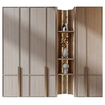 Modern Decorative Cabinet With Wooden Wall Panels Gold Accent And Display Vases 3d model