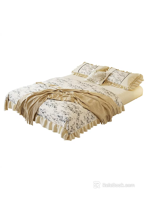 Vintage Floral Bed Runner for Cozy Bedroom Decoration with Ruffled Edges and Matching Pillowcases 3d model 