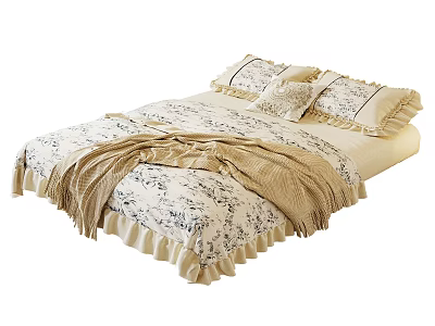Vintage Floral Bed Runner for Cozy Bedroom Decoration with Ruffled Edges and Matching Pillowcases 3d model