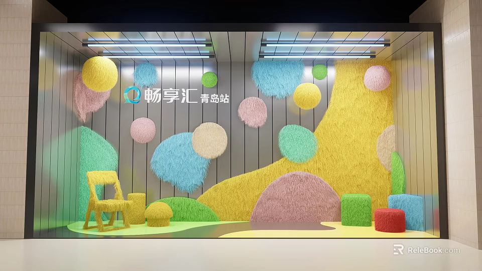 Playful Youth Hostel Interior With Colorful Round Decor And Colorful Chair Blocks 3d model 