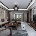 Chinese Style Dining Living Room Interior With Round Table Chandelier Wooden Furniture And Display Shelves