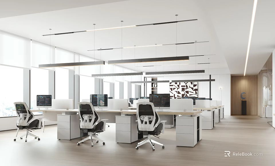 Modern Public Office Space Interior Featuring Workstations Ergonomic Chairs Computers Large Windows And Hanging Lights 3d model 