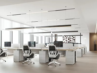 Modern Public Office Space Interior Featuring Workstations Ergonomic Chairs Computers Large Windows And Hanging Lights 3d model