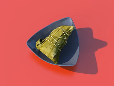 Traditional Zongzi Wrapped In Bamboo Leaves On Blue Plate Red Background 3d model