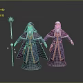 Two men in purple hooded robes with long beards and magic staffs