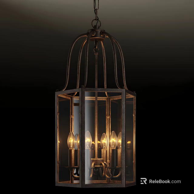 Vintage Metal Frame Chandelier with Glass Shade and Candle Shaped Warm Light 3d model 