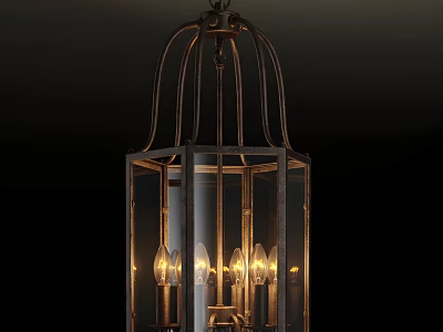 Vintage Metal Frame Chandelier with Glass Shade and Candle Shaped Warm Light 3d model